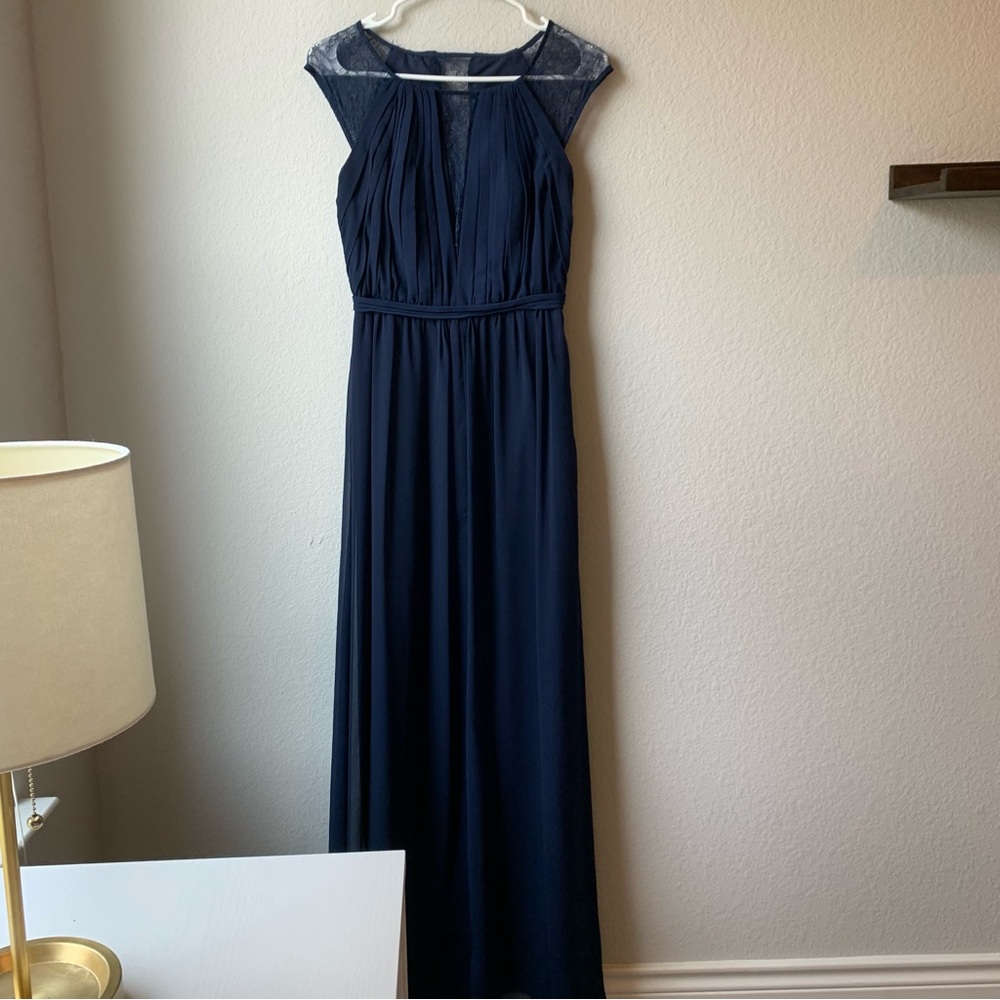 Navy Blue Floor Length Bridesmaid Dress with Lace Inset
